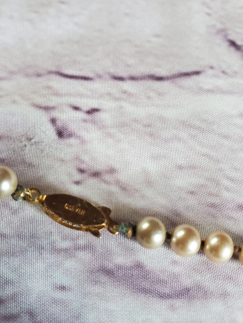 Vintage glass pearl necklace with sterling vermeil filigree clasp and hand knot